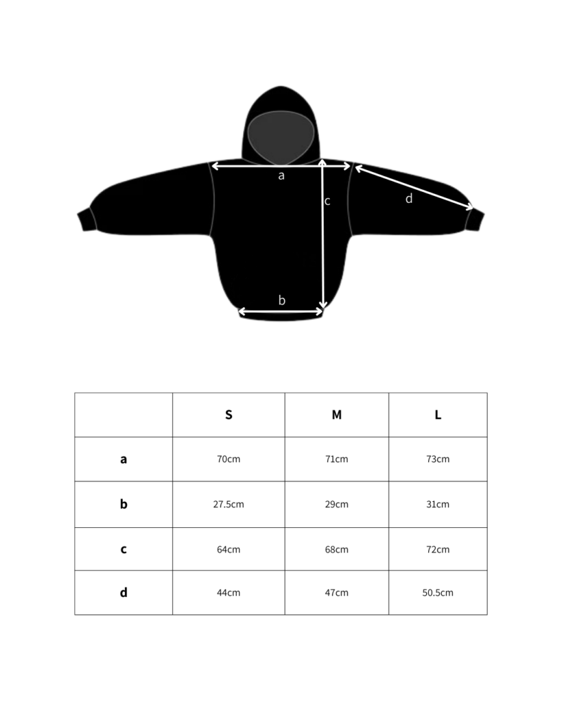 Diagram of a black hoodie with labeled measurements: a (shoulder width), b (body width), c (body length), d (sleeve length). Size chart for S, M, L below.